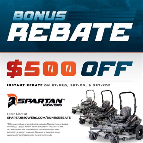 Buy any Spartan RZ-C, RZ, and RZ-Pro now through April 30, 2023 and get a 500 off, plus extended warranty on all models Only available at authorized Spartan Mowers independent dealers. . Spartan mower rebates